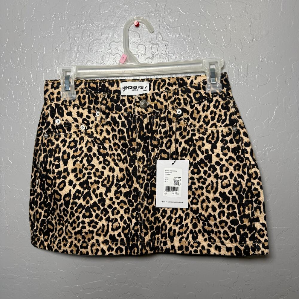 Princess Polly Nickei Denim Mini Leopard Print Skirt US 0